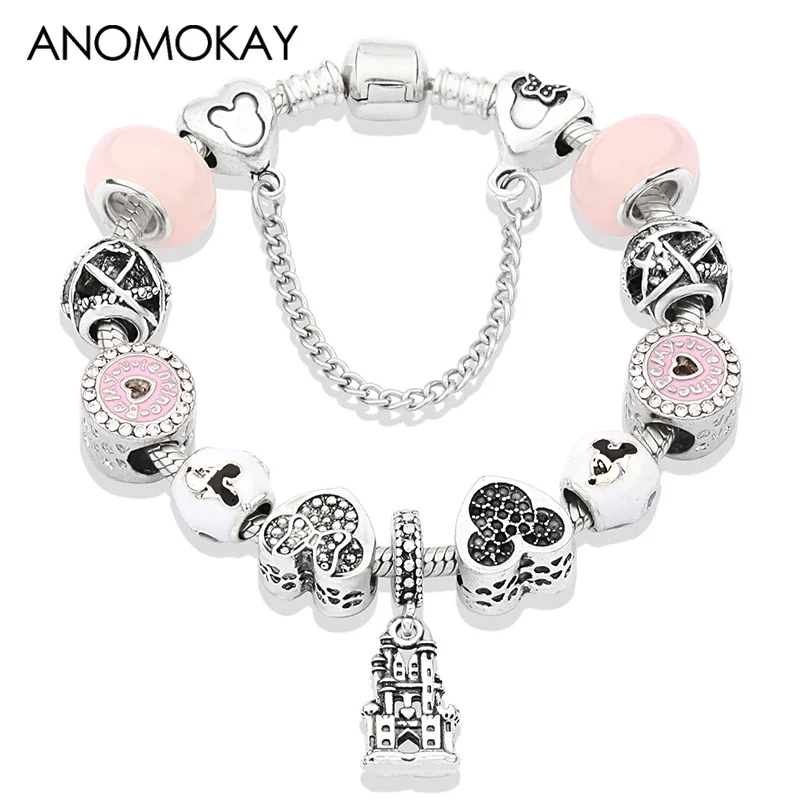 Lässiges antikes silbernes Schloss-Herz-Minnie-Mickey-Charm-Armband, rosa Kristall, Cartoon-Perlenarmbänder für Damen und Mädchen Image