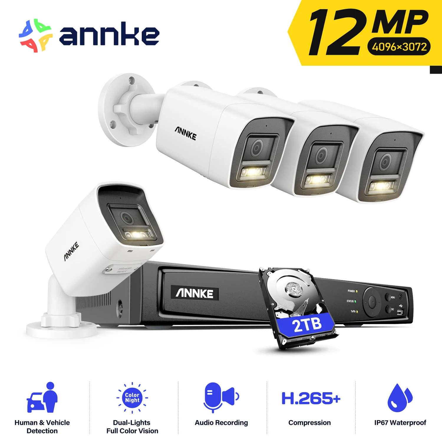 ANNKE C1200 Dual Light Outdoor PoE Überwachungskamerasystem 12MP Farbe IR Nachtsicht CCTV Video Security Kits 2TB HDD Image