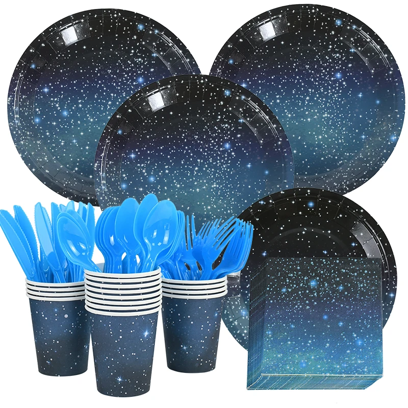 Einweggeschirr mit Sternenhimmel-Thema, Star Galaxy-Tischdecke, Pappteller, Tassen, Geschenktüten für Space Planet, Geburtstagsparty-Zubehör Image