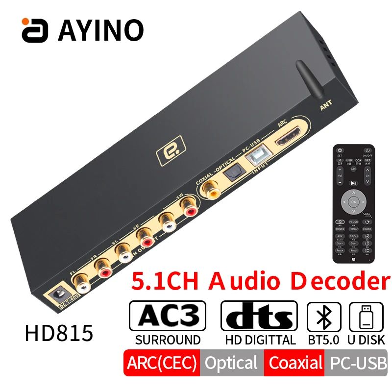 5,1 ch Audio-Decoder Bluetooth 5,0 dts AC3-Surround-Hard-Decodierungs-Lichtbogen-Extraktor-Konverter mit Cec-Splitter PC-USB SPDIF-Koaxial Image