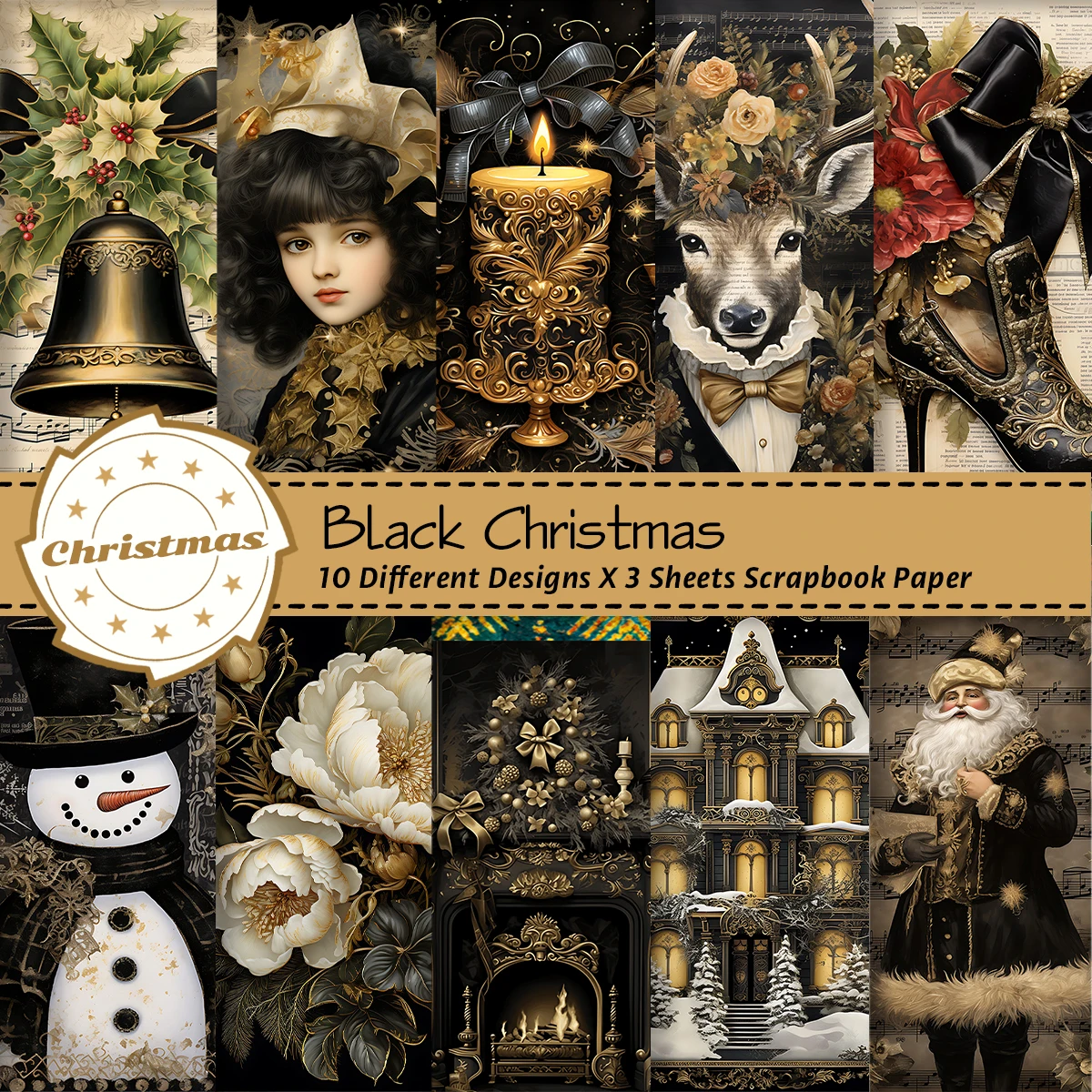 30 Stück schwarzes und goldenes Vintage-Weihnachts-Scrapbook-Papier mit Blumen-Weihnachtsmann-Design, dekoratives Weihnachtspapier für DIY-Handwerk, Geschenkpapier Image