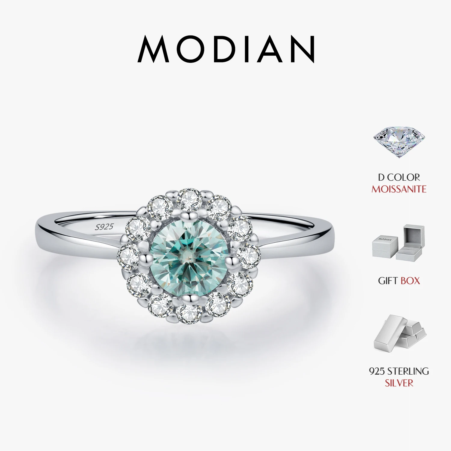 MODIAN D Farbe Grün Blaugrün Moissanit Halo Ring 925 Sterling Silber Trendy Elegante Finger Ringe Für Frauen Hochzeit Edlen Schmuck