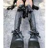 Schwarze Schleife, Knoten, Keilabsatz, Stiefel, runde Zehen, Plateauschuhe für Damen, Schnürung, mattes Leder, Punk-Schuhe, 2025, Zapatos Para Mujere