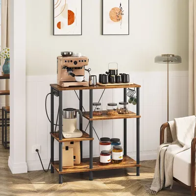Bakers Rack with Power Outlet, Microwave Stand with 5 S-Shaped Hooks, Coffee Bar, Kitchen Storage