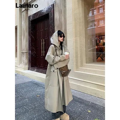 Lautaro Spring Autumn Long Oversized Light Khaki Trench Coat for Women with Hood Double Breasted Loose Casual Overcoat 2024