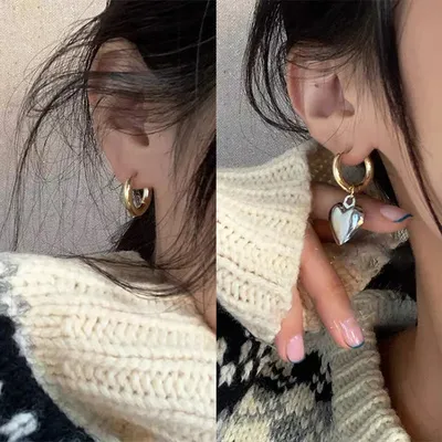 Gold Silver Color Mixed Solid Heart Dangle Earrings Minimalist Removable Drop Earrings Street Style Female Drop Earrings