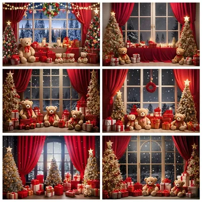 Merry Christmas Window Backdrop Xmas Tree Gift Toy Bear Family Party Decor Baby Photo Photographic