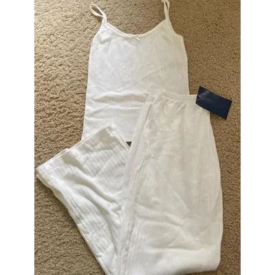 New Eyelet White Tank Pant Home Set Woman Bow Slim Crop Top+Elastic High Waist Straight Trousers Cotton Pajama 2 Piece Sets