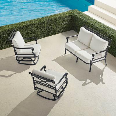 Carlisle 3-pc. Loveseat Swivel Set in Onyx Aluminum - Sunbrella Rain, Rain Resort Stripe Sand - Frontgate