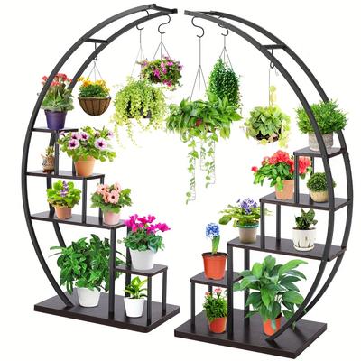 TEMU 2pack 5 Tier Plant Stand For Indoor Plants Half Moon Shape Plant Shelf With Hanging Hook, Multiple Planter Display For Home Decor, Living Room, Balcony, And Bedroom