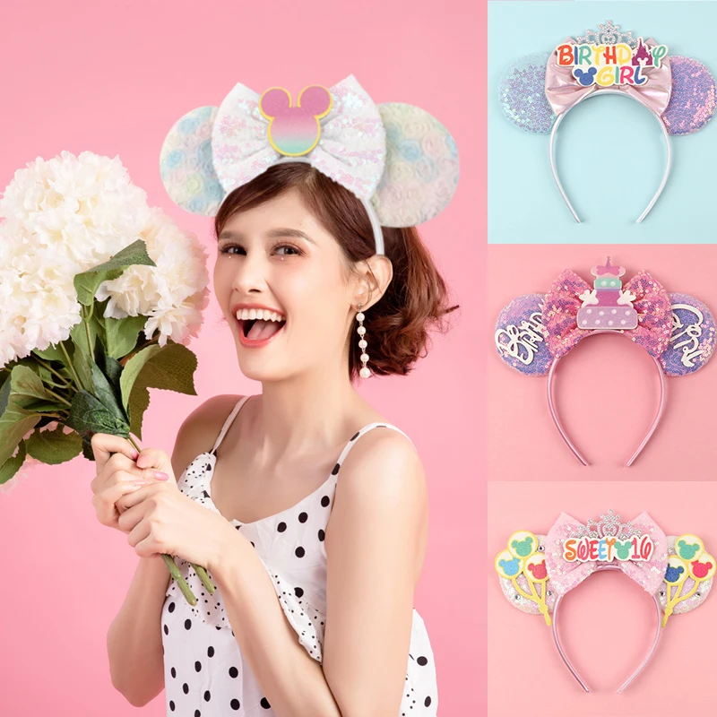2024 Mickey Mouse Ears Headband Women Sequin Anniversary Girl Bow Minnie Haarbänder für DIY Disneyland Hair Accessory