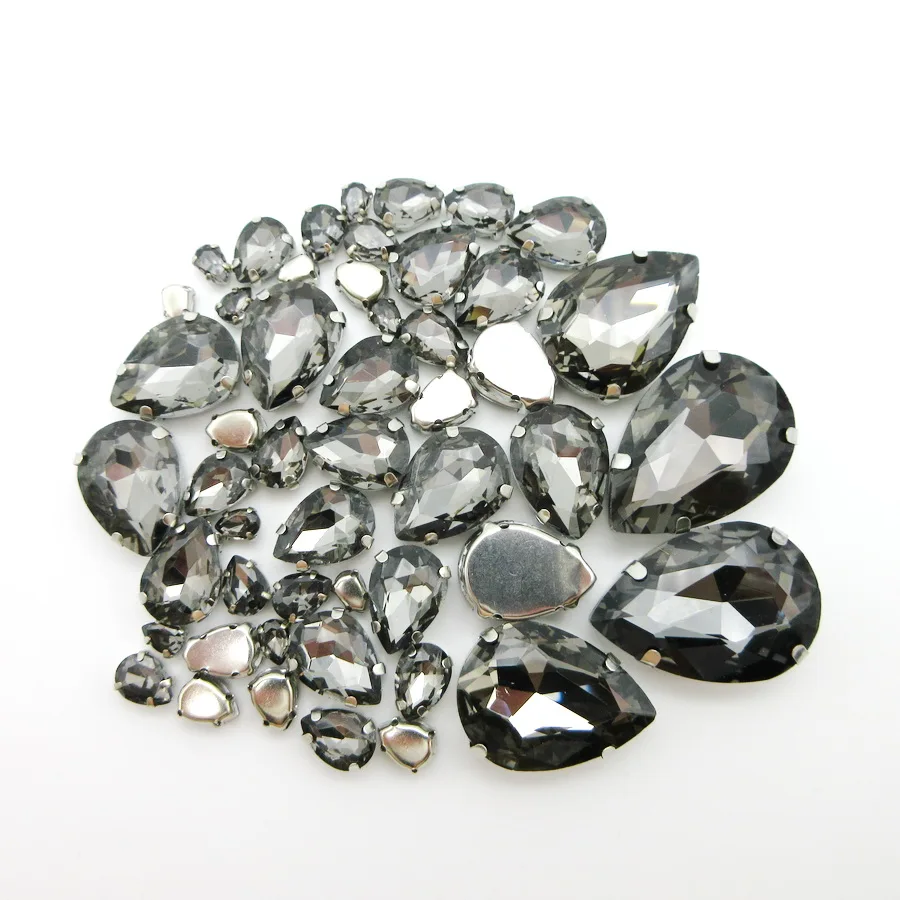 Schwarz diamant kristall glas strass mix wasser tropfen form 7 größen silber klaue flatback nähen auf strass schuhe garment trim diy