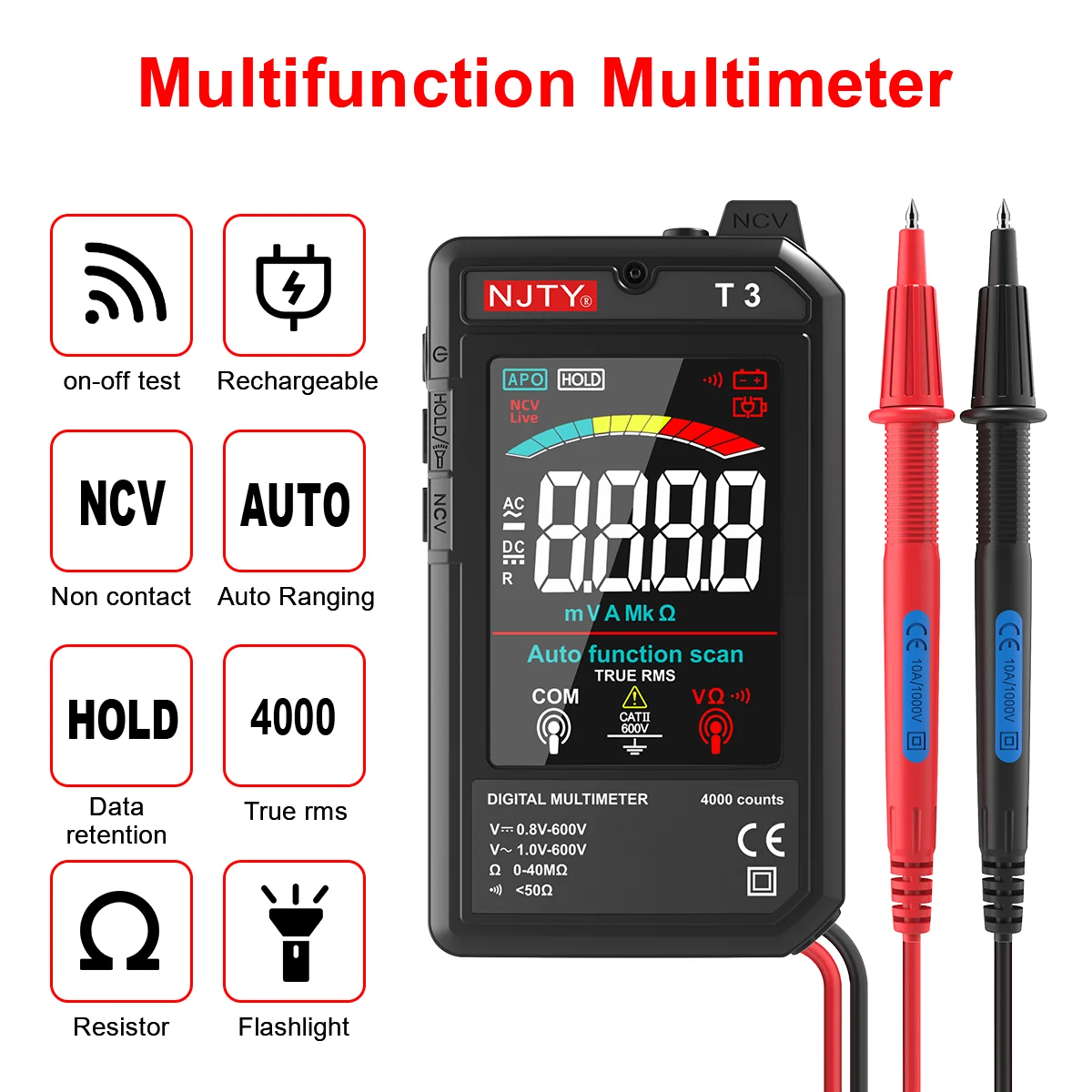 NJTY T3 MINI Smart Digital Multimeter Farbbildschirm USB wiederaufladbar 4000 Zählungen automatische Bereichswahl Spannungswiderstand NCV Live Wire Image