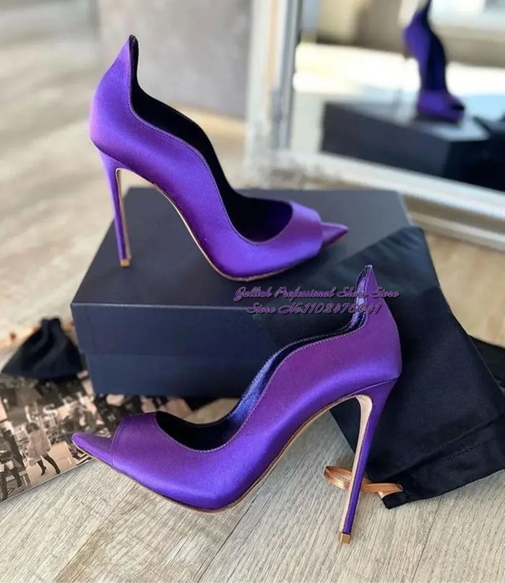 Frauen lila Satin Stoff spitzen Zehen offene Zehen Kleid Schuhe 12cm 10cm 8cm flach geschnittenen Slip-On Abend Party Pumps Größe 45 Sky Heels