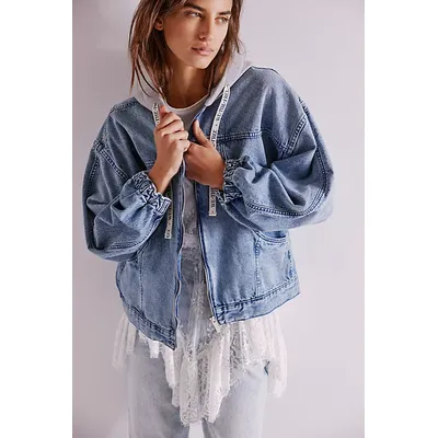 We The Free Iggy Hooded Denim Jacket at Free People in Tennis Court Wash, Size: XL