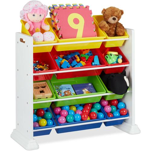 Kinderregal weiß, mit 12 Aufbewahrungsboxen, Spielzeugregal für Jungen & Mädchen, hbt 90 x 88,5 x