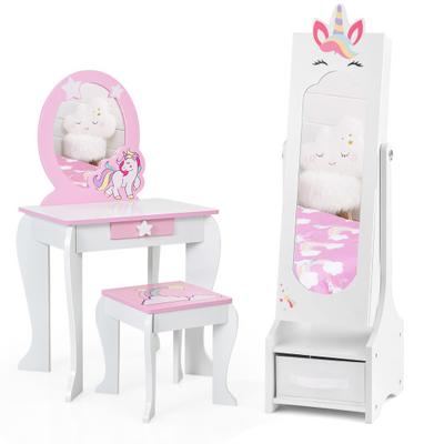 Costway Kids Princess Vanity Table and Stool Set with Jewelry Cabinet and Mirror Drawer-White