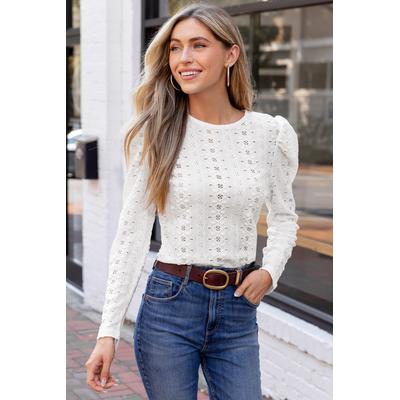 Ivory Puff Shoulder Long Sleeve Perforated Top