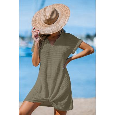 Green Split Neck Hem Twist Jersey Cover-Up Dress