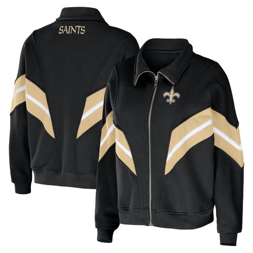 Damenbekleidung von Erin Andrews Schwarze New Orleans Saints Plus Size Yarn Dye Stripe Full-Zip Jacke