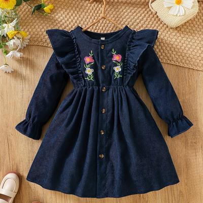 TEMU Flowers Embroidered Corduroy Long-sleeve Dress For Girls, Spring & Fall Everyday Sweet Casual Dresses, Party, Gift