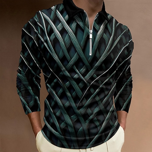 Herren 3D-Druck Poloshirts Golf Poloshirts Langarm Polo-Shirts Kragen Business-Casual Urlaub Alltagskleidung Reißverschluss 3D-Druck Frühling Herbst Winter Schwarz Tintenblau Dunkelviolett Image