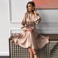 damen satinkleid swingkleid midikleid grün khaki rot langarm pure color schnüren sommer frühling herbst rundhals party elegant party laternenärmel 2023 s m l xl xxl / sommerkleid