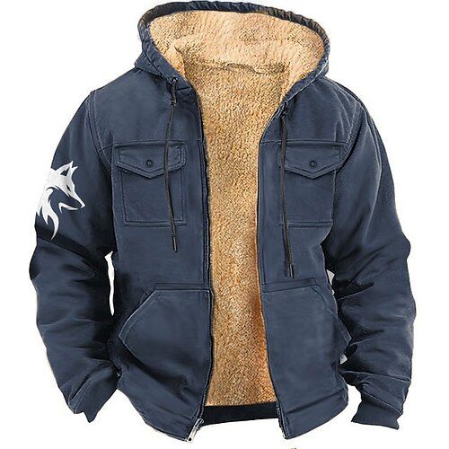 Herren Wolf Cowboy Fleece Kapuzensweatshirt Kapuzenshirts Pullover Mode Cool Täglich Vintage-Retro Langarm Mit Kapuze Ferien Streetwear Schwarz Blau Braun Reißverschluss Tasche Herbst Winter Designer Image