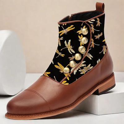 Men's Victorian Faux Leather Ankle Boots with Embroidered Dragonfly Jacquard Fabric and Gold Button Accents – Vintage-Inspired Dress Boots