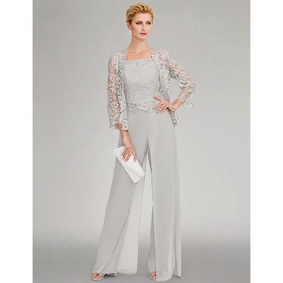 Jumpsuit / Pantsuit Beach Wedding 3 Piece Pantsuit Mother of the Bride Dress Formal Wedding Guest Plus Size Square Neck Floor Length Chiffon Corded Sleeveless Wrap Included with Lace Appliques 2025