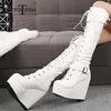 DORATASIA Große Größe 35-43 Damen Keile High Heels Kniehohe Stiefel Kreuz Gebunden Hohe Plattform Stiefel Frauen Party sexy Schuhe Frau