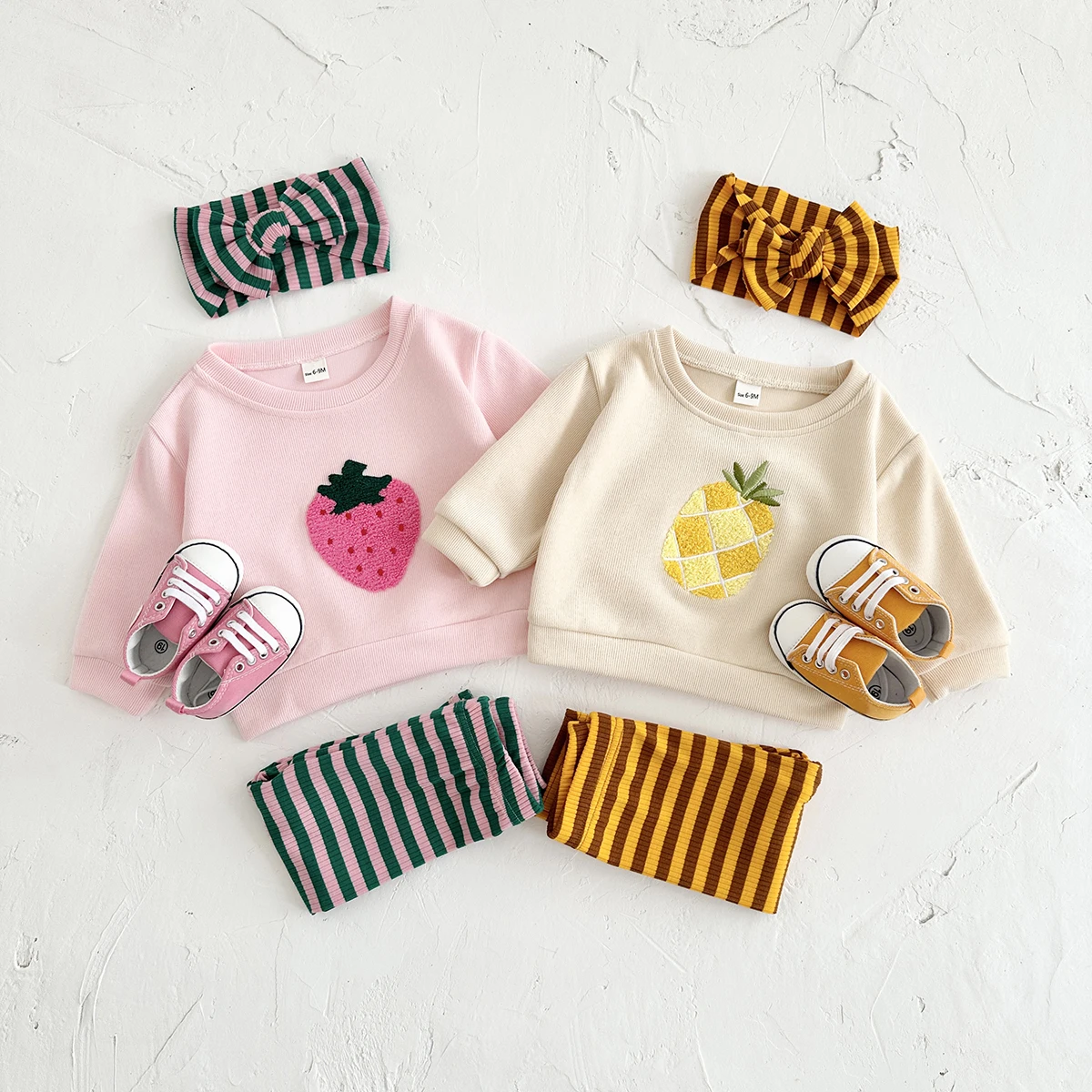 3PCS kinder Kleidung Junge Herbst Baby Outfit Set Gir Anzug Obst Stickerei Tops + Hosen Reine Baumwolle Gestreiften weiche + Baby Haar Band Image