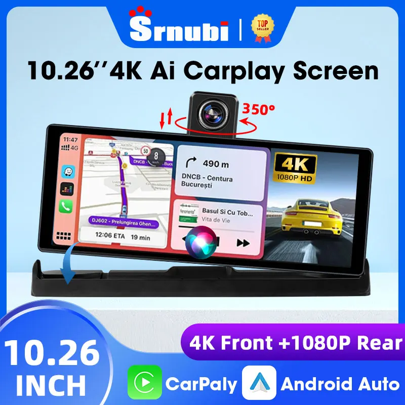 Srnubi 10,26 Zoll 4K DVR Wireless CarPlay & Android Auto Dash Cam GPS Navigation 24h Park Monitor Nachtsicht Rückspiegel Image