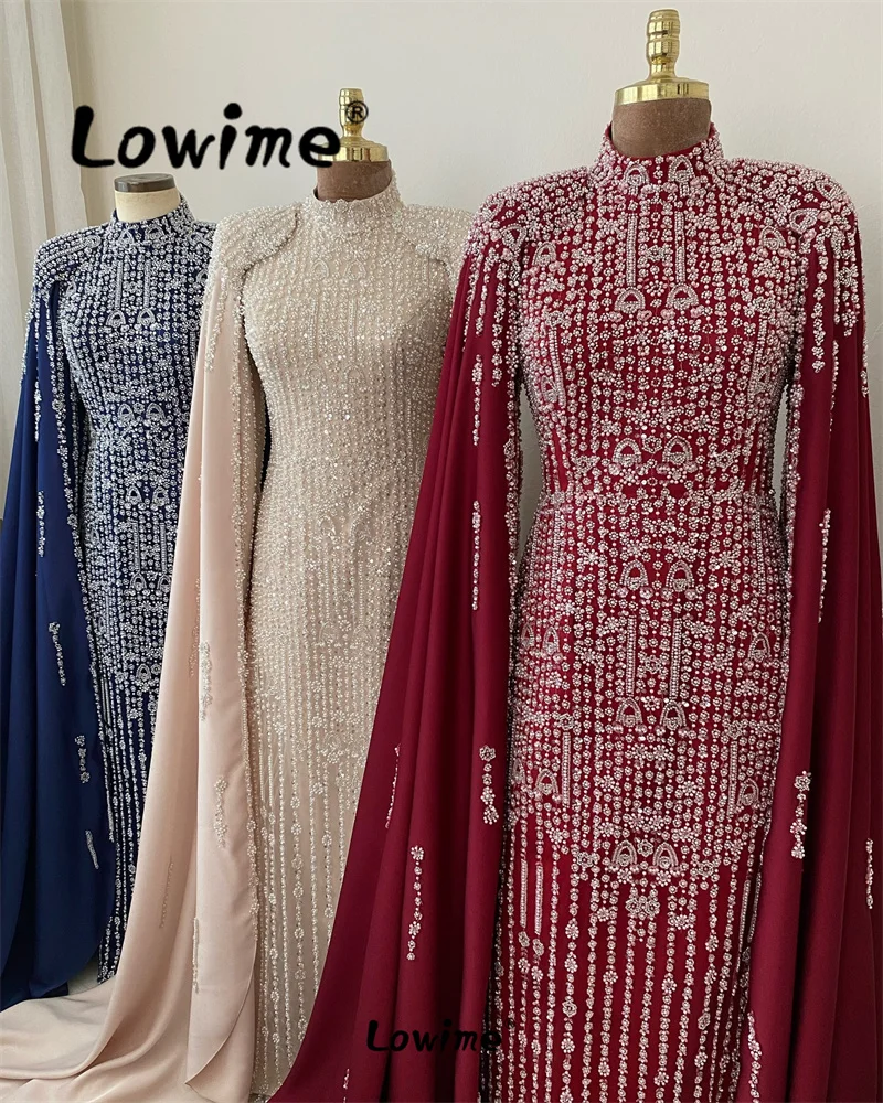 2024 elegante Perlen Dubai Cape Ärmel Abendkleider maßge schneiderte Anlass Kleider maßge schneiderte Robe de Soirée Verlobung Party kleid