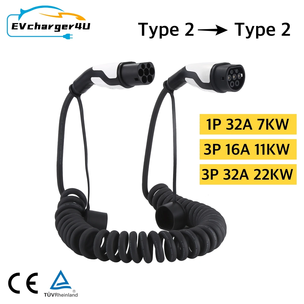 EVcharger4U 5M Typ 2 auf Typ2 Spiral-EV-Ladekabel 1P/3P 16A/32A 7KW/11KW/22KW Spiralkabel für öffentliche AC-Ladebuchse Image