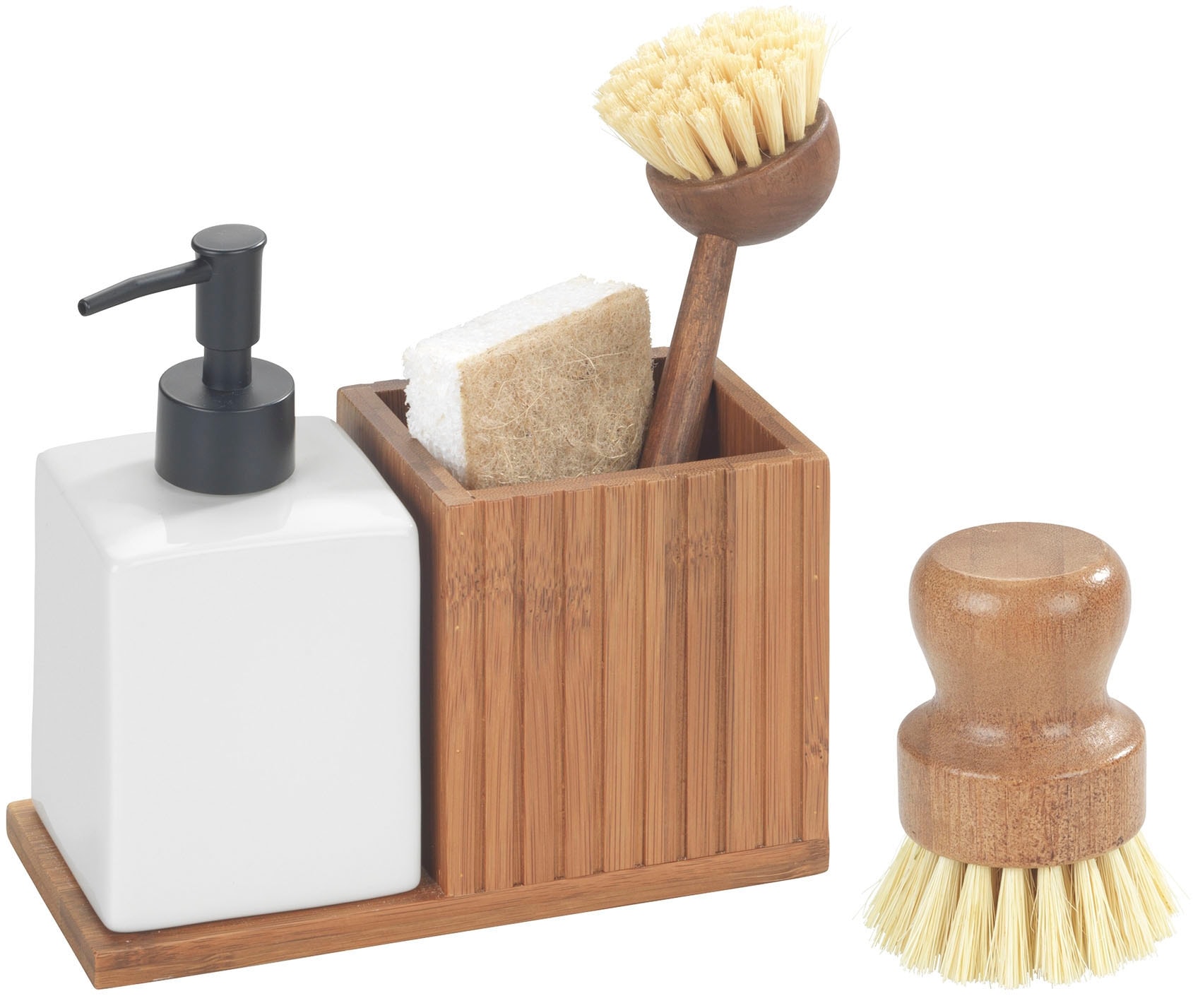 Spülmittelspender WENKO "Spül-Set aus Bambus", braun (dunkelbraun), Acrylnitril-Butadien-Styrol (ABS), Bambus, Keramik, Dosierspender, mit Dosierspender, Utensilienhalter, Schwamm und 2 Spülbürsten Image