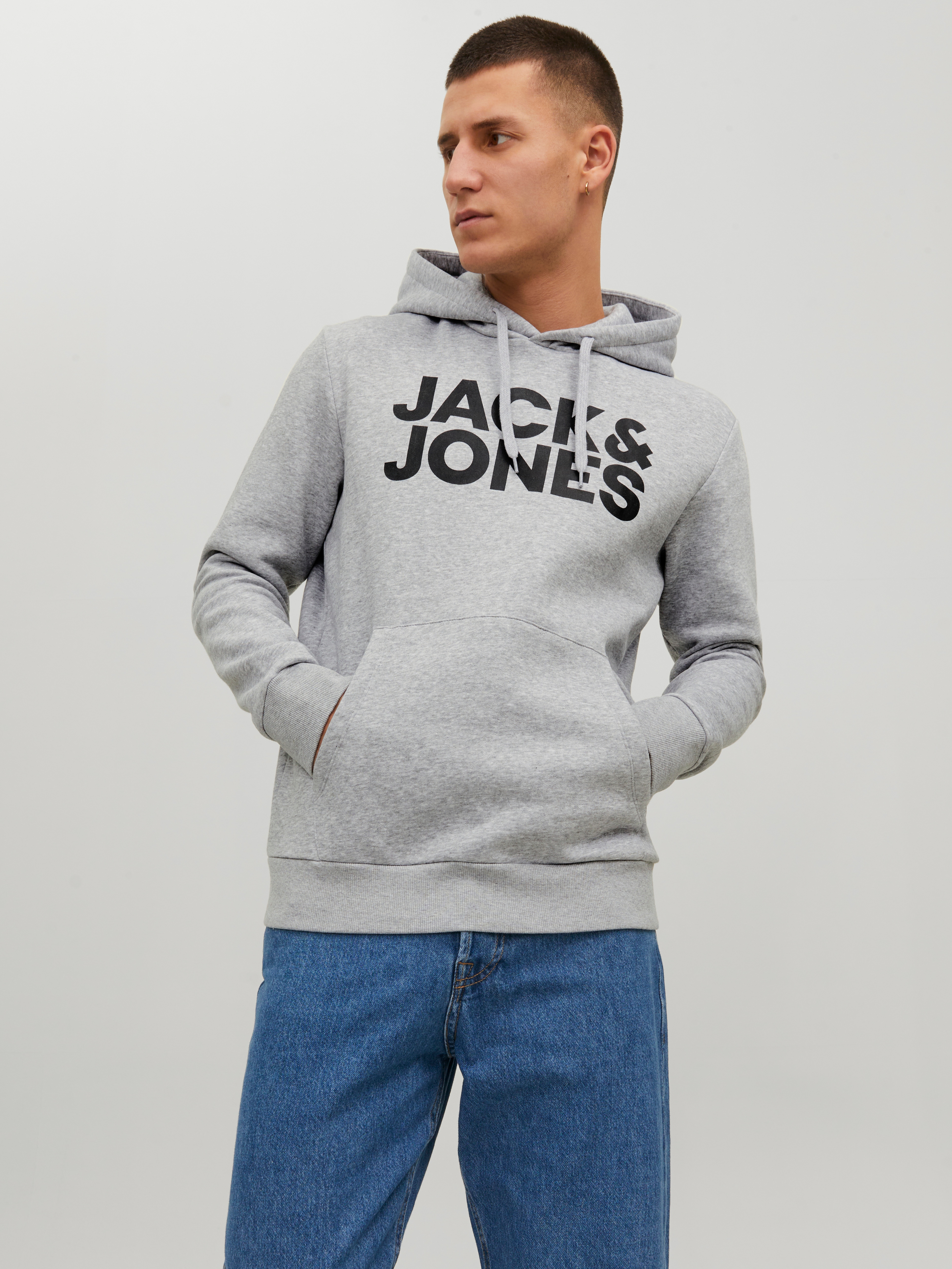 Kapuzensweatshirt JACK & JONES "JJECORP Kapuze und Frontprint", Herren, Gr. XXL, grau (light grau melange), Obermaterial: 68% Baumwolle, 28% Polyester, 4% Viskose, bedruckt, normal, Rundhals, Bündchen, Sweatshirts, bedruckt, modisch, regular fit,...
