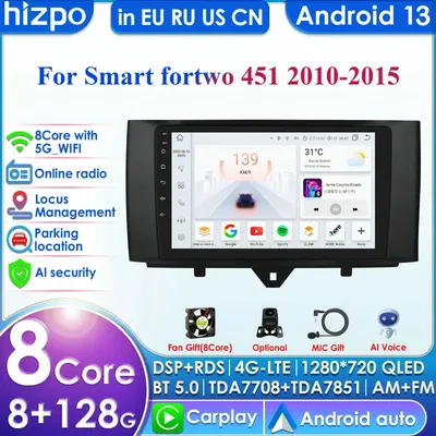 Hizpo Carplay 4G 360 Camera Android 13 Car Radio for Smart Fortwo 2011-2015 Multimedia Video Player