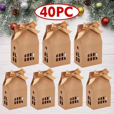 40PCS Christmas House Shape Gift Boxes , Candy Kraft Paper House Boxes Treat Gift Boxes for