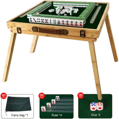 Mahjong Tiles Set with Folding Table for Outdoor Camping Travel, Portable Chinese Mahjong Game