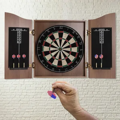 Classic Wall Mounted Wooden Ready-to-Use Dartboard Cabinet Set with Dart Storage Holes and