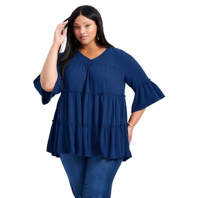Plus Size Women's Amy Tiered Bell Sleeve Blouse by Avenue in Navy (Size 14)