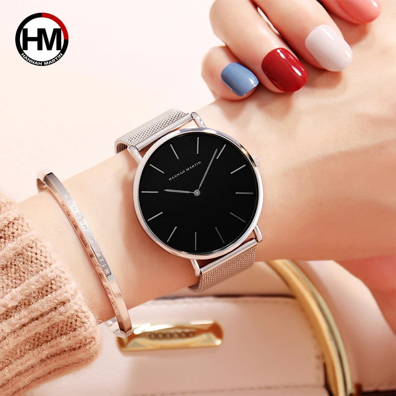 Hannah Martin Damenuhr, Quarzwerk, schlichtes Design, wasserdicht, Edelstahl, ultradünnes Zifferblatt, Damenuhr Relogio feminino Image