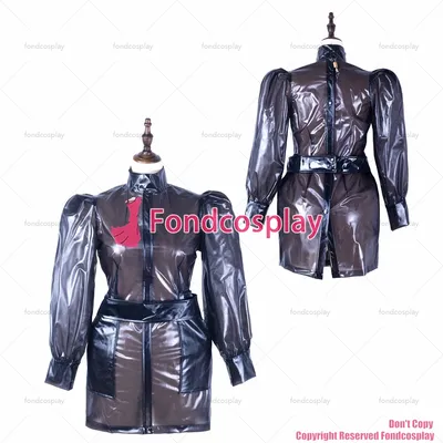 Fondcosplay erwachsene sexy kreuz dressing sissy maid kurze schwarz klar pvc kleid abschließbar