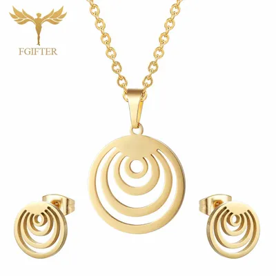 Gold Farbe Edelstahl Schmuck Set Hohe Qualität Runde Anhänger Ohrringe Sets Für Frauen Mädchen