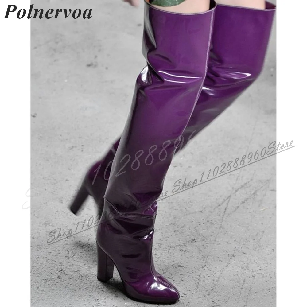 Overknee-Lila-Laufsteg-Lederstiefel, klobiger Absatz, Damenschuhe, seitlicher Reißverschluss, spitze Zehen, 2023, modisch, Zapatos Para Mujere