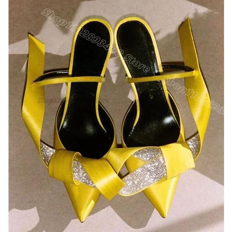 Gelbe Seide Strass Dekor Hausschuhe spitzen Zehen solide britischen Stil Slip auf Mode Sommer Frauen Schuhe Zapatos Para Mujere