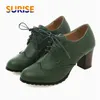 Casual Büro Frauen Pumpt Hohe Chunky Heels Derbies Grün Schwarz Runde Kappe Brogues Dame Oxford Vintage Preppy Lace Up Kleid schuhe