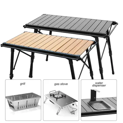 KRC CAMP Camping Folding IGT Table Set Wood Table Lightweight Camp BBQ Grill Stove Table Outdoor Picnic Fishing Table IGT Set