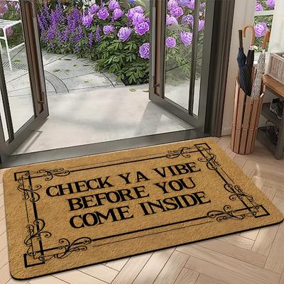 TEMU Check Ya Vibe Welcome Door Mat, Indoor Low Pile Non-slip Machine Washable Polyester Rectangle Entry Rug, Stain Resistant Entrance Pad With Braided Edging, Humorous Text Design For Home DÃ©cor